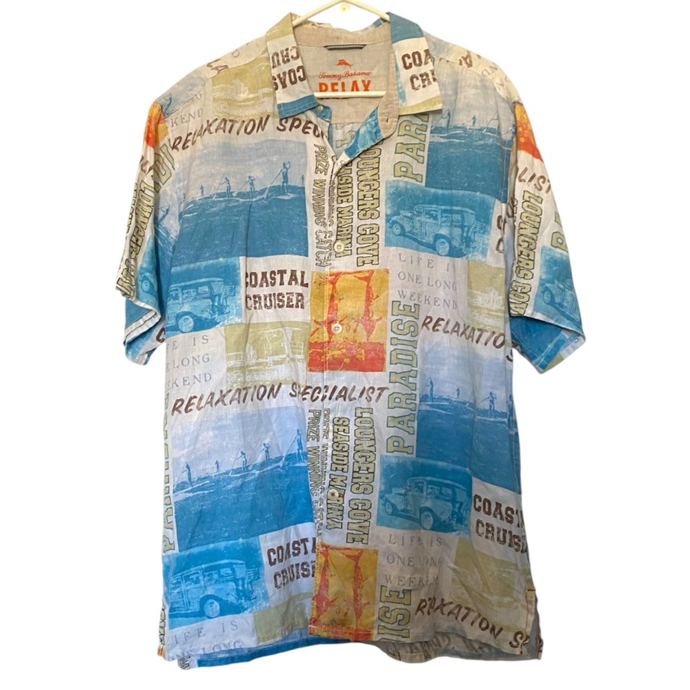 Tommy Bahama Relax Menʻs Linen Aloha Shirt size XL w/Paddlers & Old Woody Cars 